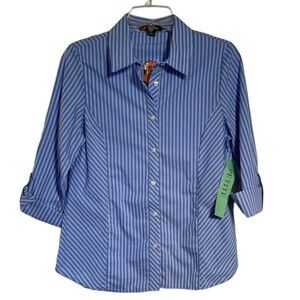 Indigo Poppy Womens Petite M Blue Striped Button Down Shirt Stretch Career NWT